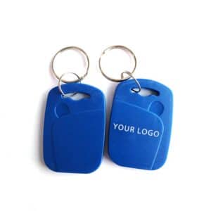 two blue rfid keyfobs with logo printed in white