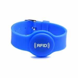front view of blue silicone rfid wristband with white logo printed